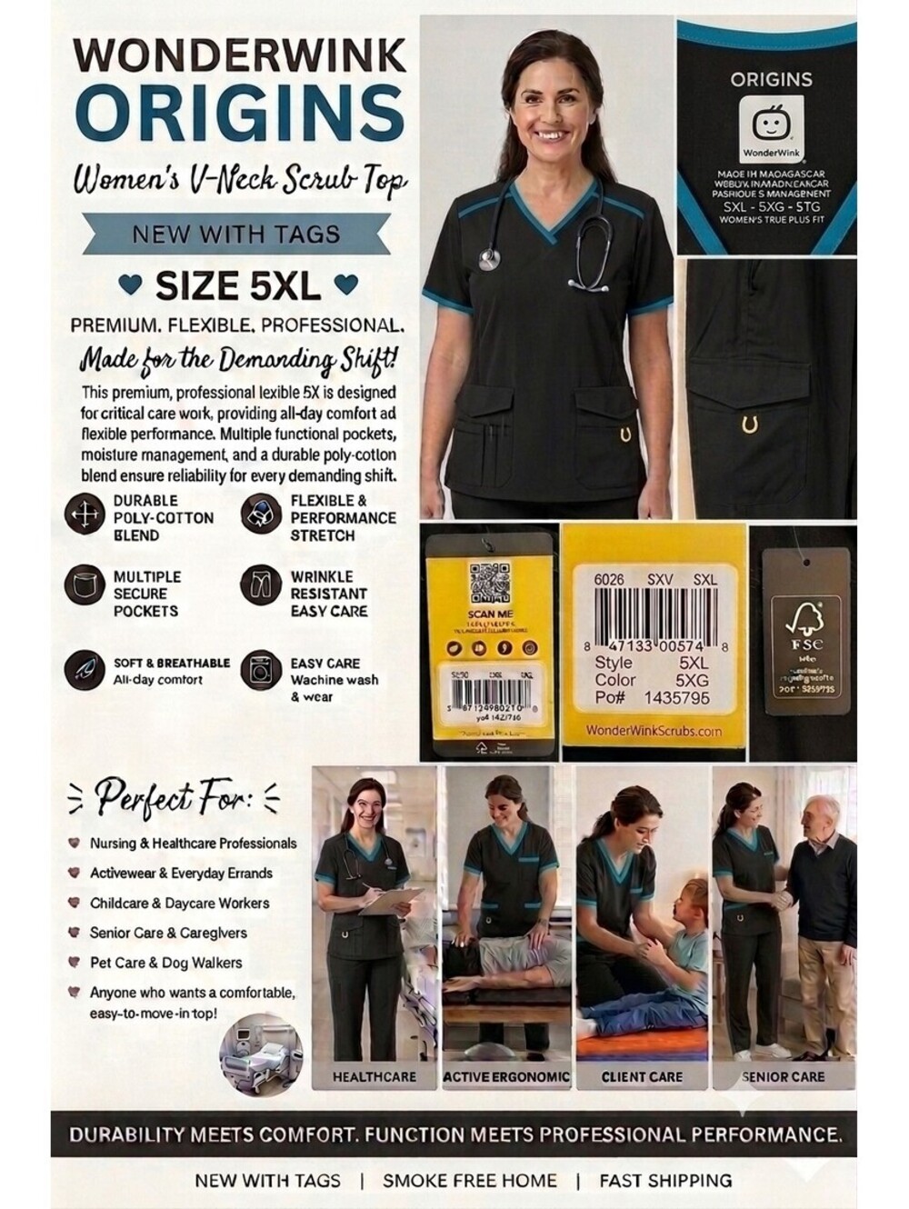 WonderWink Origins Scrub Top Womens 5XL Dark Blk Turquoise Y-Neck Pockets...